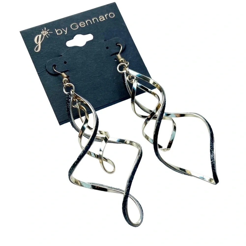 Gennaro black and gold lightweight geometric swirl dangly earrings